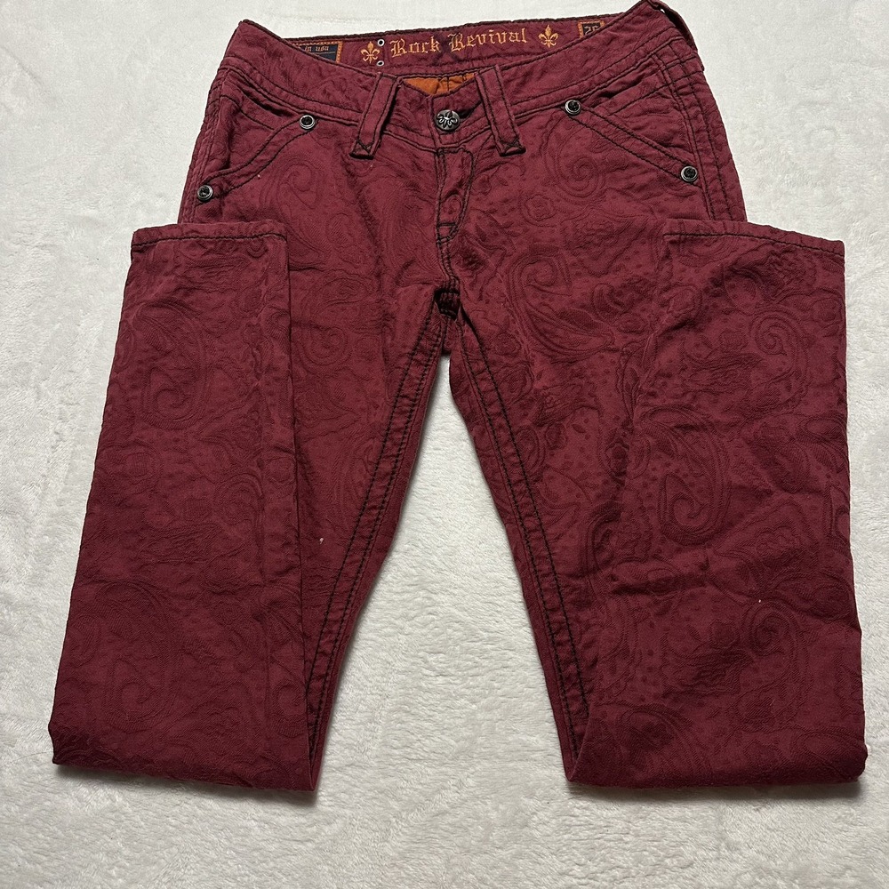 Rock Revival Red Paisley Print Skinny Jeans Low Rise Bling Pockets 26 Y2K
